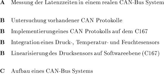 \begin{tabularx}
{\textwidth}{\gt{\bf}c\gt{\ColumnLeft}X}
 A & Messung der Laten...
 ...ftwareebene (C167) \\ [5mm]

 C & Aufbau eines CAN-Bus Systems \\ \end{tabularx}